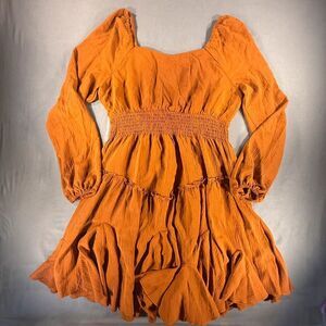 NWT Rust Smocked Waist Balloon Sleeve Tiered Ruffle Mini Dress Sz M